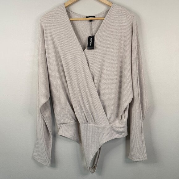 Express Beige Ribbed Wrap Bodysuit Top With Tie Waist Womens L - Picture 1 of 13